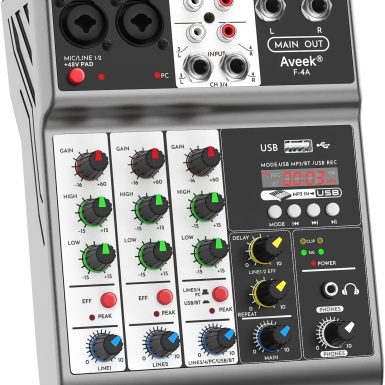 Aveek Professional Audio Mixer, Sound Board Mixing Console with 4 Channel Digital USB Bluetooth Echo Delay Effect, Input 48V Phantom Power Stereo DJ Mixers for Recording, Live Streaming, Podcasting