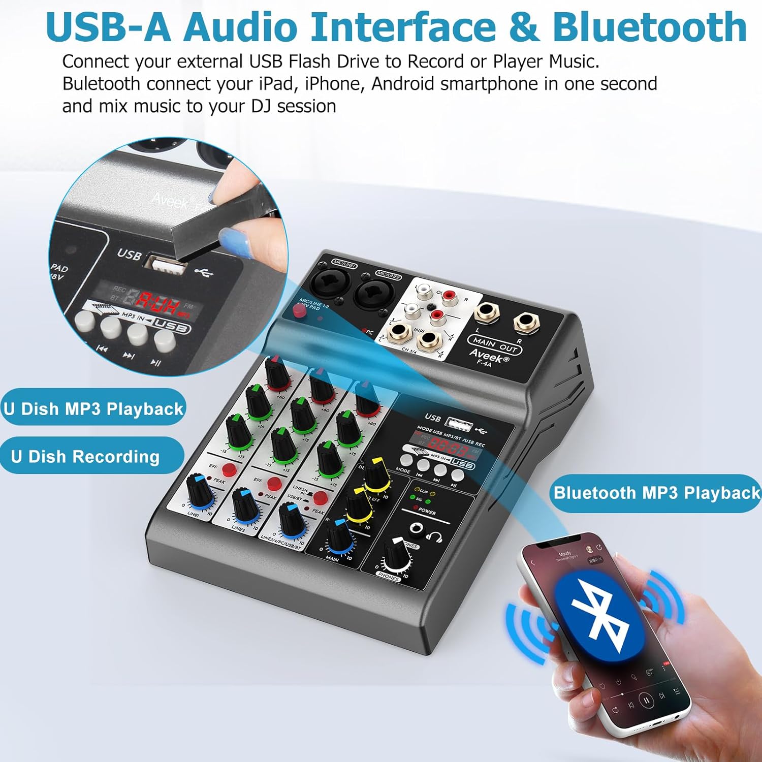 Aveek Professional Audio Mixer, Sound Board Mixing Console with 4 Channel Digital USB Bluetooth Echo Delay Effect, Input 48V Phantom Power Stereo DJ Mixers for Recording, Live Streaming, Podcasting - Image 4