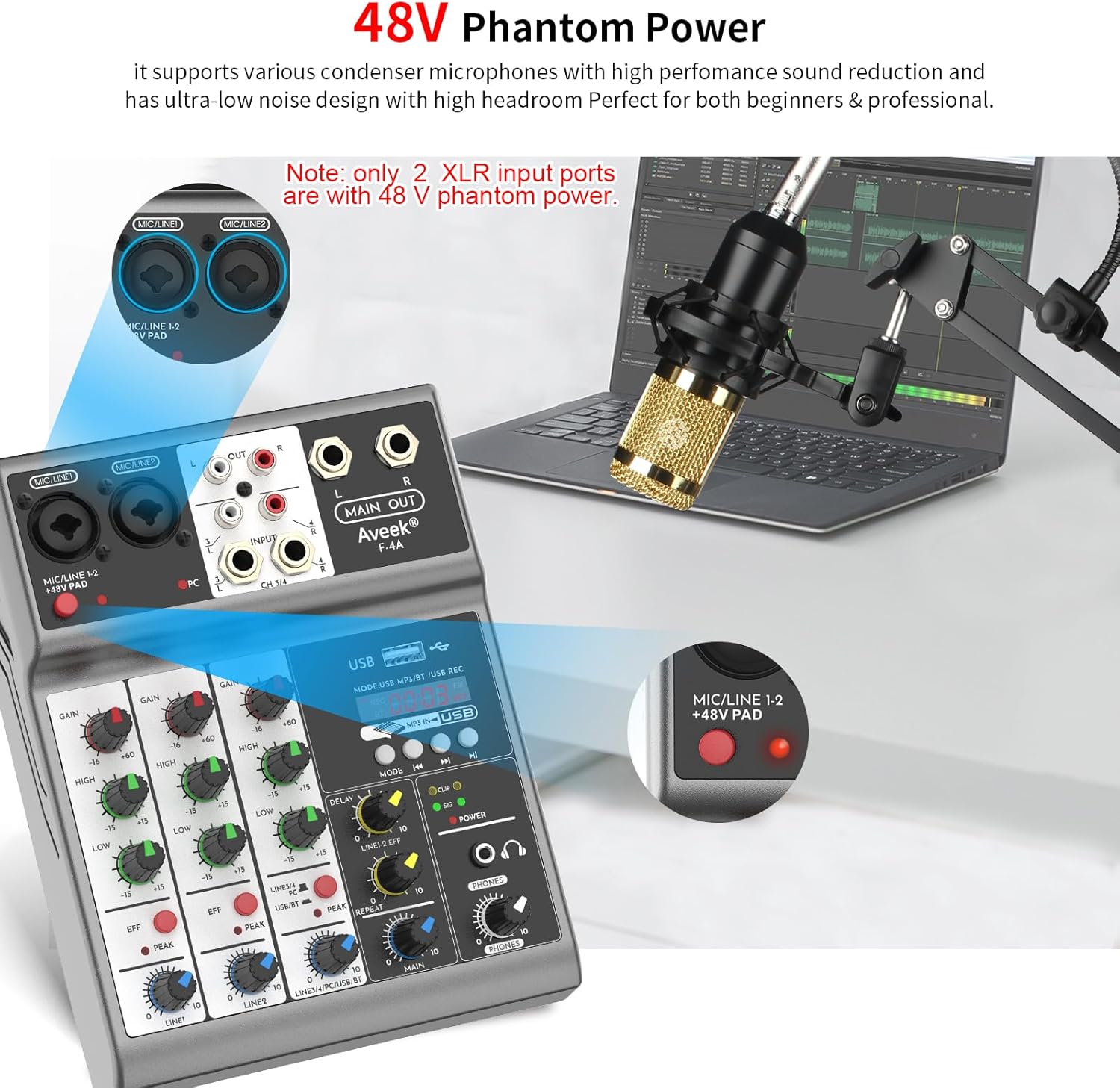 Aveek Professional Audio Mixer, Sound Board Mixing Console with 4 Channel Digital USB Bluetooth Echo Delay Effect, Input 48V Phantom Power Stereo DJ Mixers for Recording, Live Streaming, Podcasting - Image 5