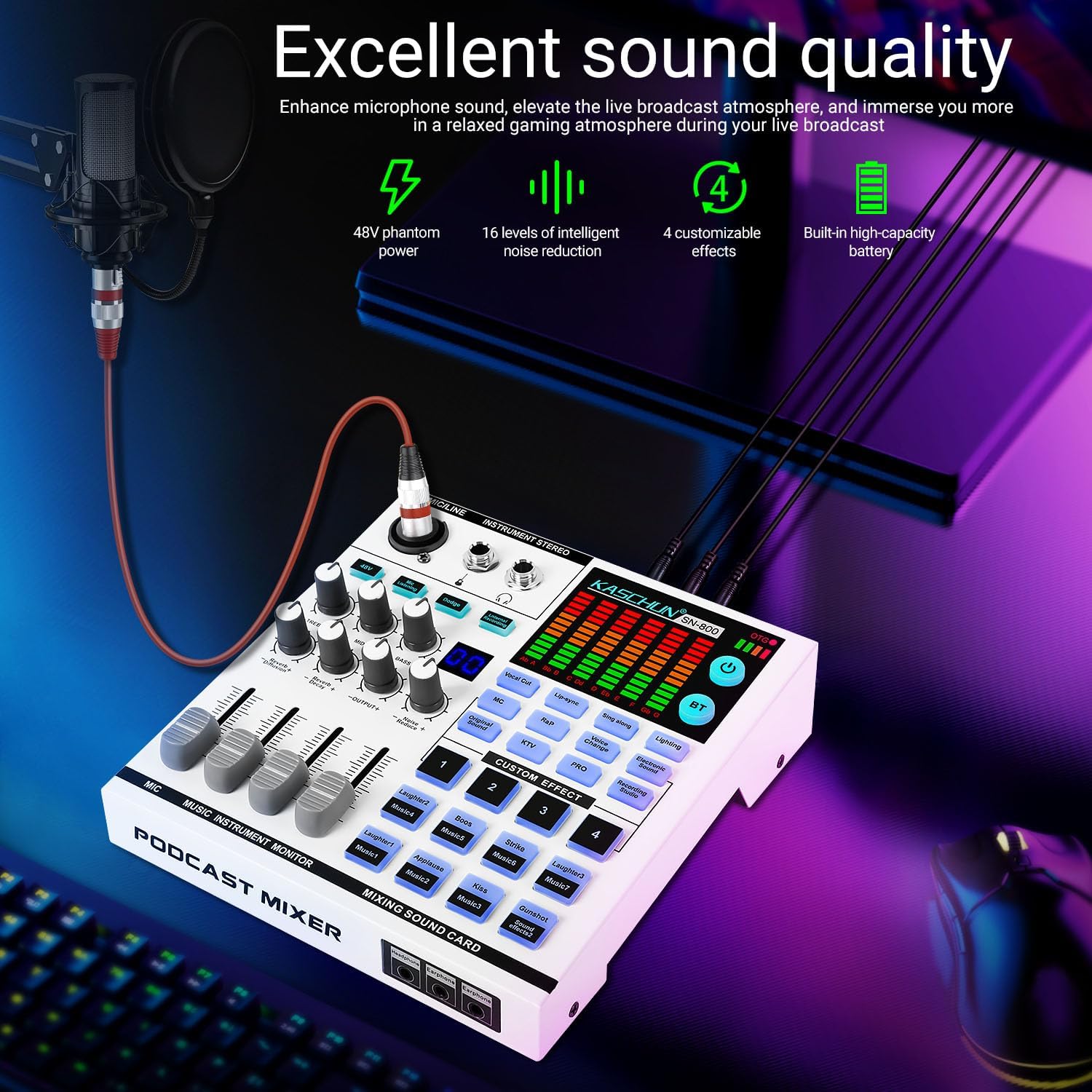 Gaming Audio Mixer,A sound card with 48V phantom power, Bluetooth/6.35mm/3.5mm/XLR inputs,and live sound card with voice conversion DJ mixer effects,Audio Interface for Streaming/Podcast/PC - Image 2
