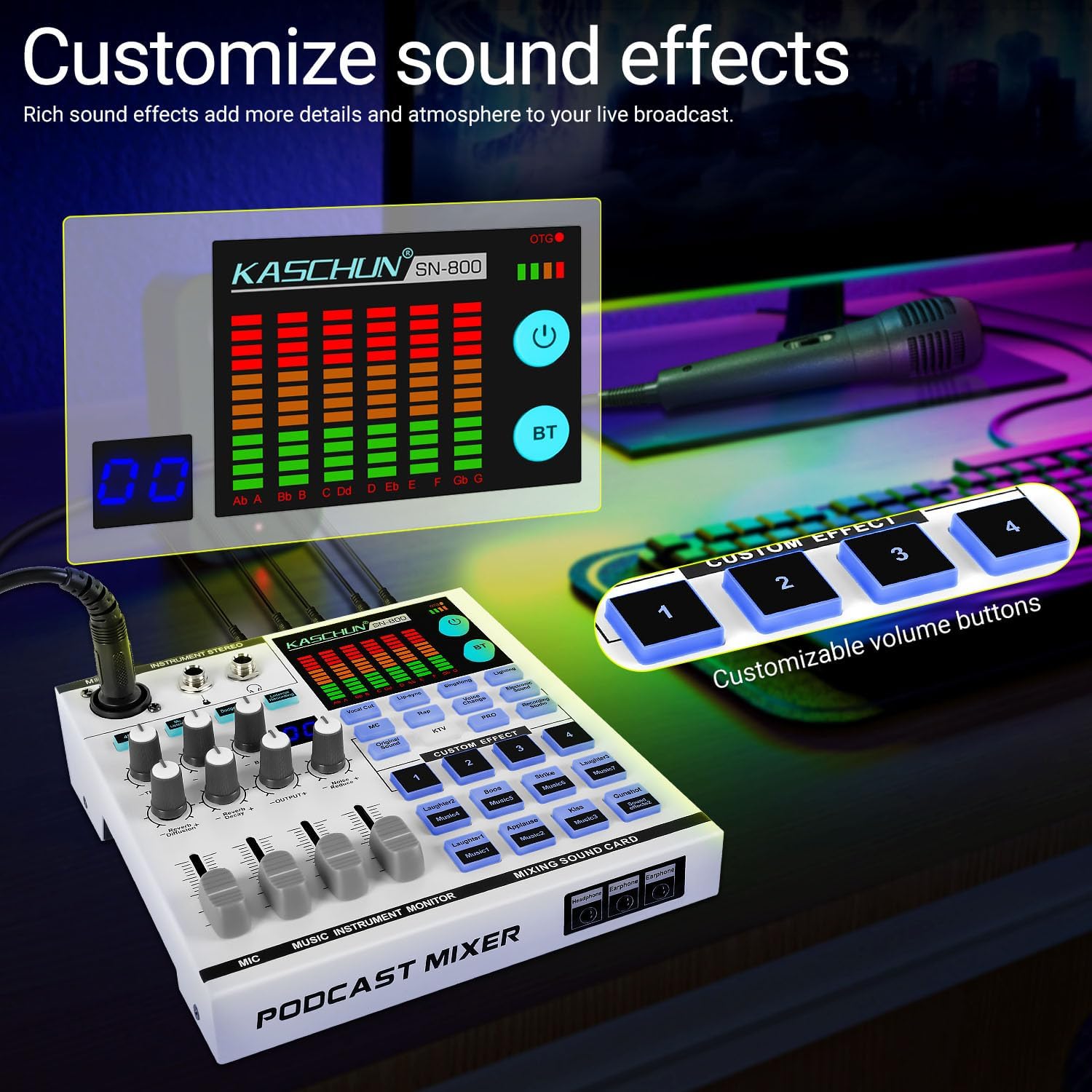 Gaming Audio Mixer,A sound card with 48V phantom power, Bluetooth/6.35mm/3.5mm/XLR inputs,and live sound card with voice conversion DJ mixer effects,Audio Interface for Streaming/Podcast/PC - Image 3