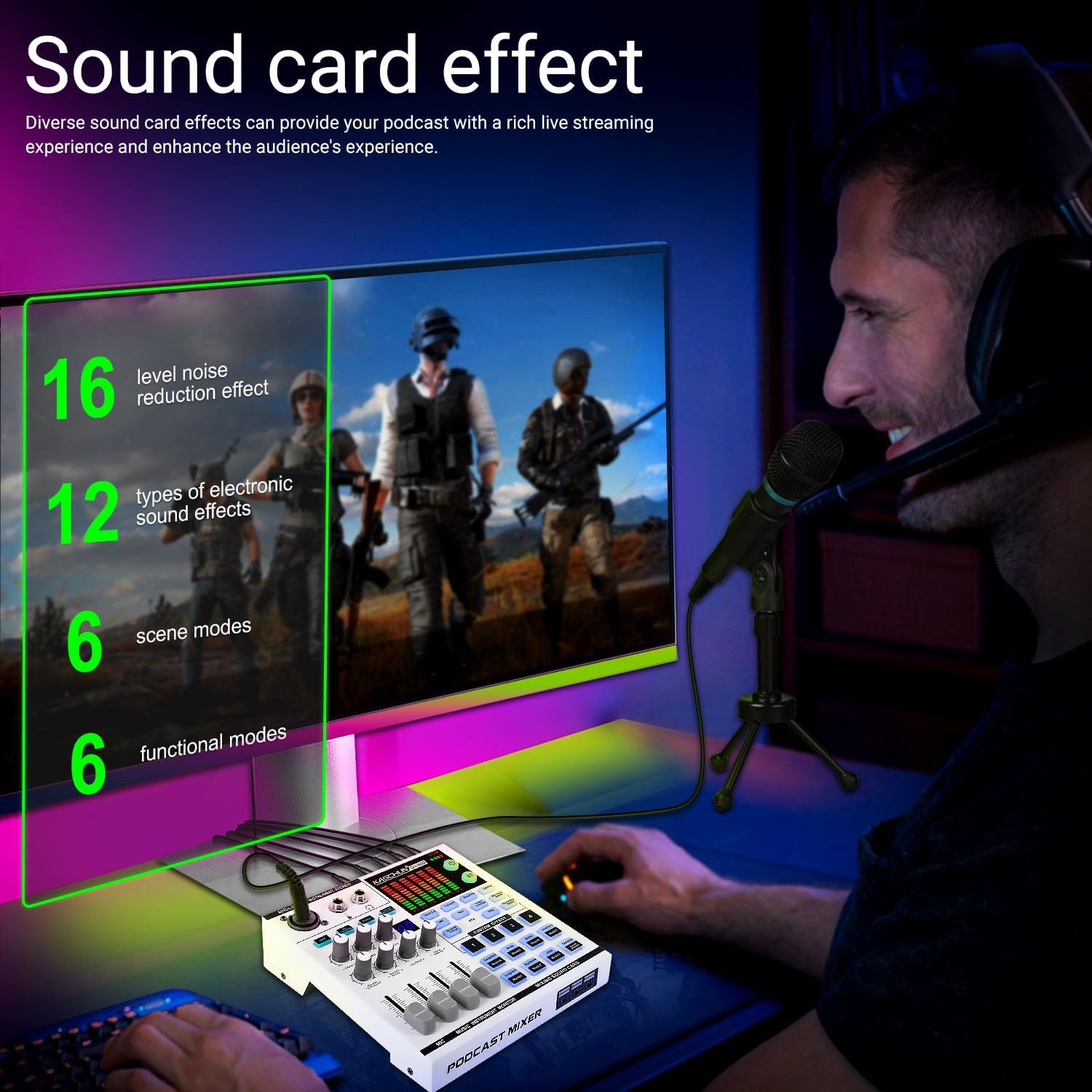 Gaming Audio Mixer,A sound card with 48V phantom power, Bluetooth/6.35mm/3.5mm/XLR inputs,and live sound card with voice conversion DJ mixer effects,Audio Interface for Streaming/Podcast/PC - Image 4