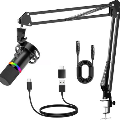 JUOPIEA XLR/USB Gaming Microphone Kit, Dynamic Mic for Podcasting Streaming, PC Microphone with Boom Arm Stand, RGB Light, Mute Button and Headphone Jack, for Recording, Vocal, Voice-Over