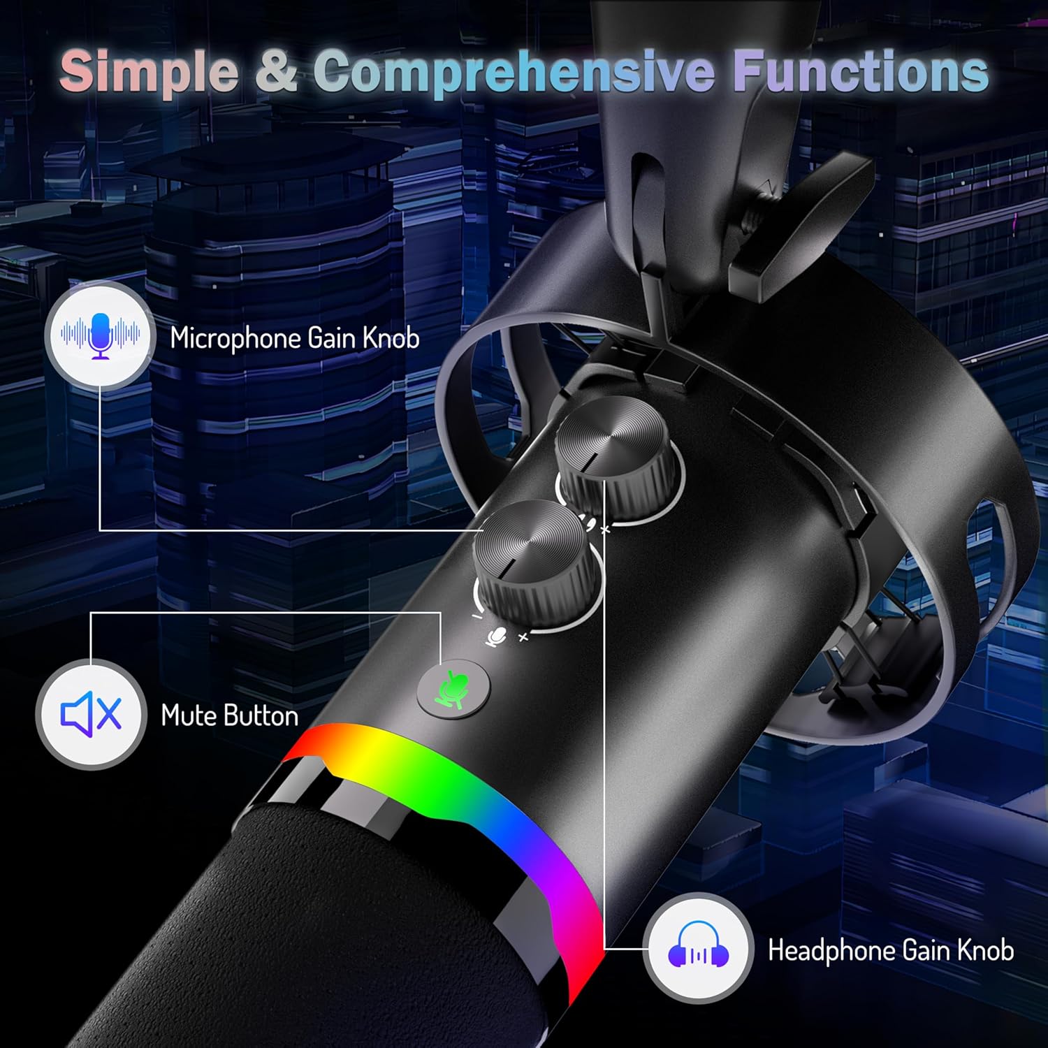 JUOPIEA XLR/USB Gaming Microphone Kit, Dynamic Mic for Podcasting Streaming, PC Microphone with Boom Arm Stand, RGB Light, Mute Button and Headphone Jack, for Recording, Vocal, Voice-Over - Image 4