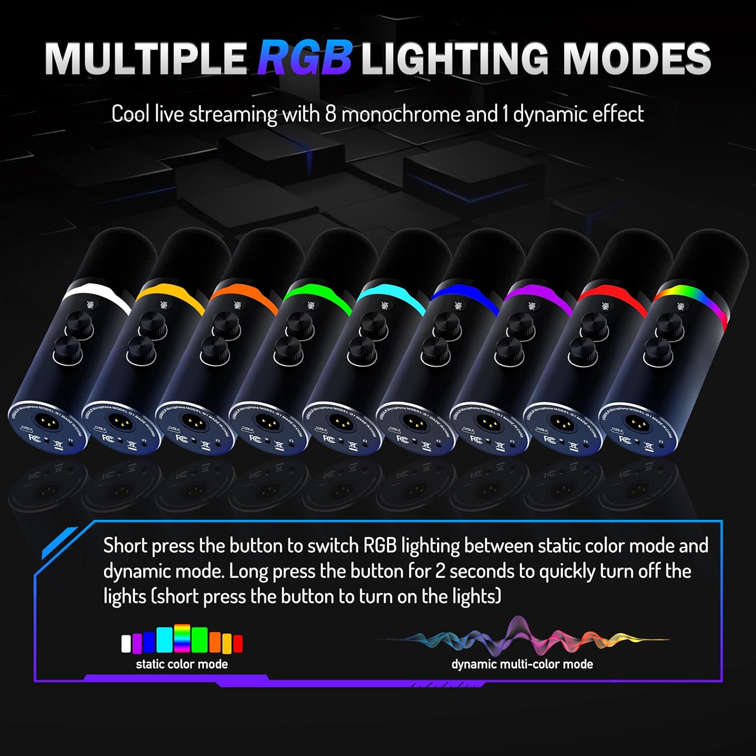 JUOPIEA XLR/USB Gaming Microphone Kit, Dynamic Mic for Podcasting Streaming, PC Microphone with Boom Arm Stand, RGB Light, Mute Button and Headphone Jack, for Recording, Vocal, Voice-Over - Image 6