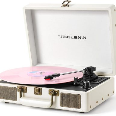 Vinyl Record Player with Built-in Speakers & USB Recording, Vintage 3-Speed Bluetooth Portable Suitcase Turntables Belt-Driven LP Player Support AUX/RCA/Headphone Jack, White Leather