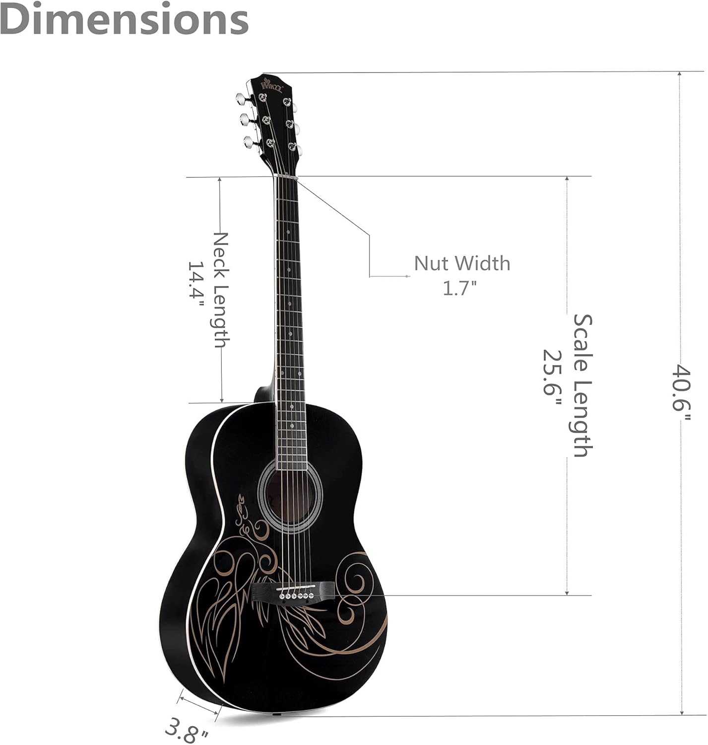 WINZZ AF227A 39 Inches Concert Acoustic Acustica Guitar with Full Kit, Delicate Vine - Image 8